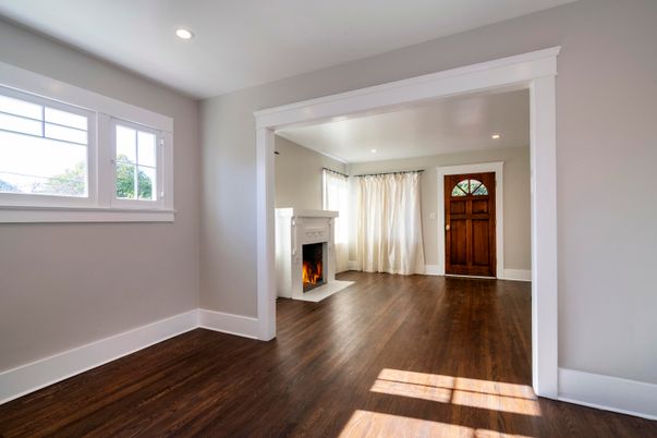 Empty room, Fireplace, Interior, Recessed Lighting, Wood Texture Flooring