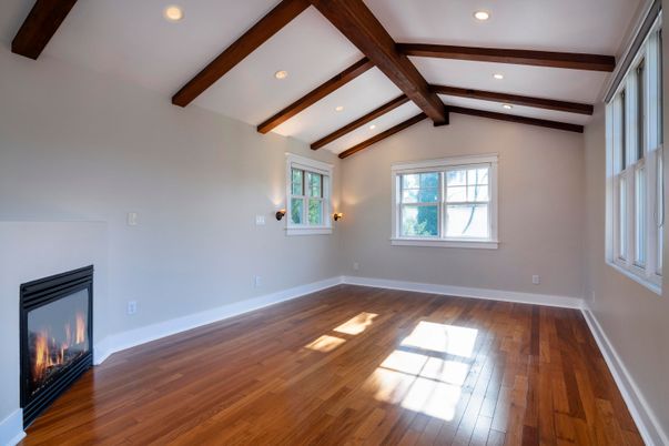 Empty room, Fireplace, Interior, Recessed Lighting, Wooden Beams, Wood Texture Flooring