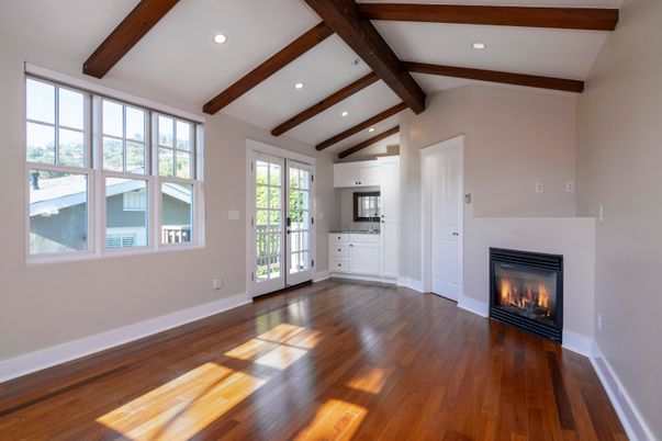 Empty room, Fireplace, Interior, Recessed Lighting, Wooden Beams, Wood Texture Flooring