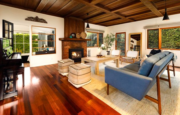 Fireplace, Interior, Living room, Pendant Lights, Piano, Wooden Beams, Wooden Ceilings, Wood Texture Flooring