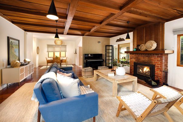 Fireplace, Interior, Living room, Pendant Lights, Wooden Beams, Wooden Ceilings, Wood Texture Flooring