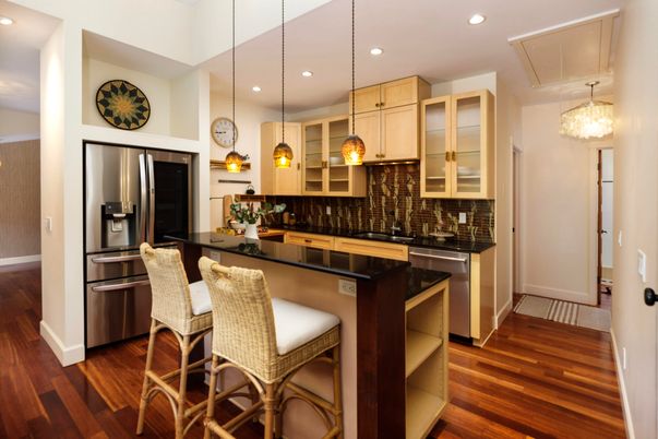 Interior, Kitchen, Pendant Lights, Recessed Lighting, Stainless Steel Appliances, Wood Texture Flooring