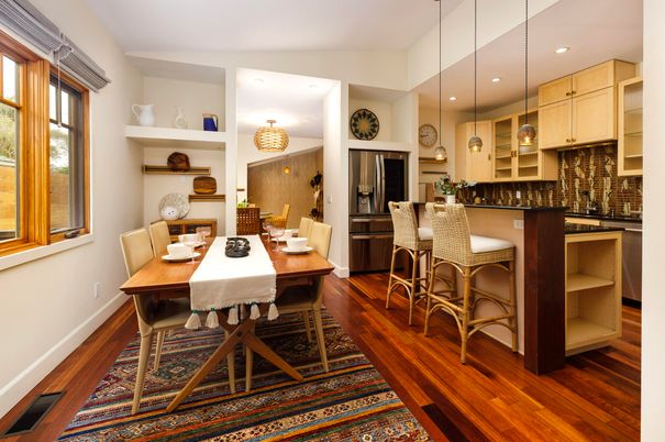 Dining room, Interior, Kitchen, Pendant Lights, Recessed Lighting, Wood Texture Flooring