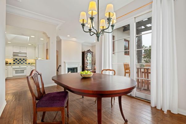 Chandelier, Dining room, Fireplace, Interior, Kitchen, Recessed Lighting, Wood Texture Flooring