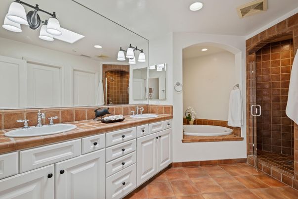 Bathroom, Dual Sink Vanities, Interior, Recessed Lighting, Tile Countertops