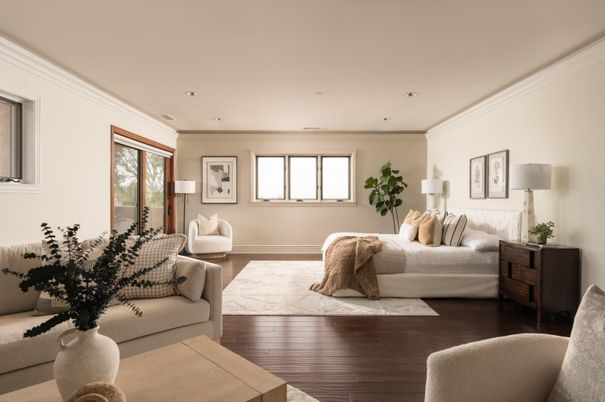 Bedroom, Interior, Recessed Lighting, Wood Texture Flooring
