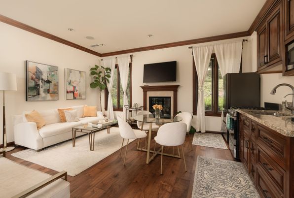 Dining room, Fireplace, Interior, Living room, Recessed Lighting, Wood Texture Flooring