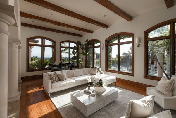 Interior, Living room, Piano, Recessed Lighting, Water, Wooden Beams, Wood Texture Flooring