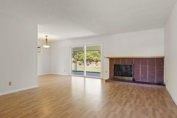 Empty room, Fireplace, Interior, Pendant Lights, Wood Texture Flooring