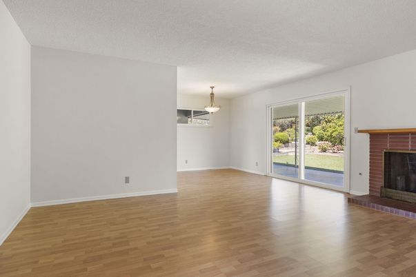 Empty room, Fireplace, Interior, Pendant Lights, Wood Texture Flooring
