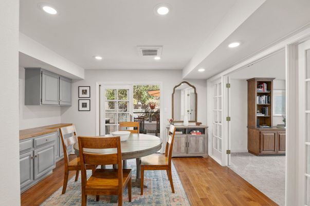Dining room, Interior, Recessed Lighting, Wood Texture Flooring