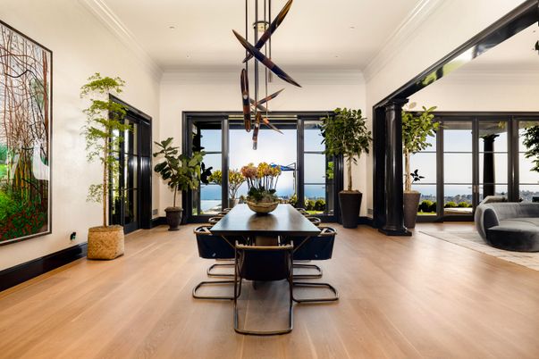 Dining room, Interior, Pendant Lights, Recessed Lighting, Water, Wood Texture Flooring