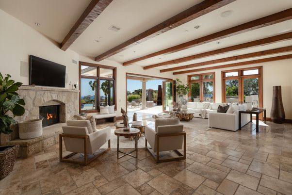 Fireplace, Interior, Living room, Recessed Lighting, Wooden Beams