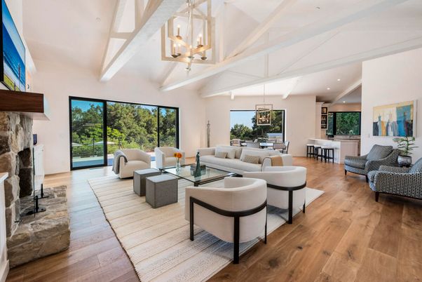 Dining room, Fireplace, Interior, Living room, Pendant Lights, Recessed Lighting, Wood Texture Flooring