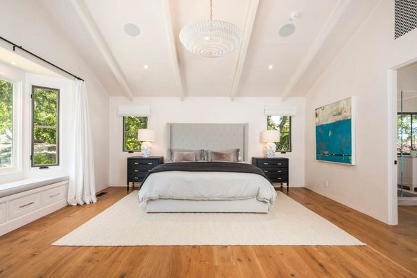Bedroom, Chandelier, Interior, Recessed Lighting, Wood Texture Flooring