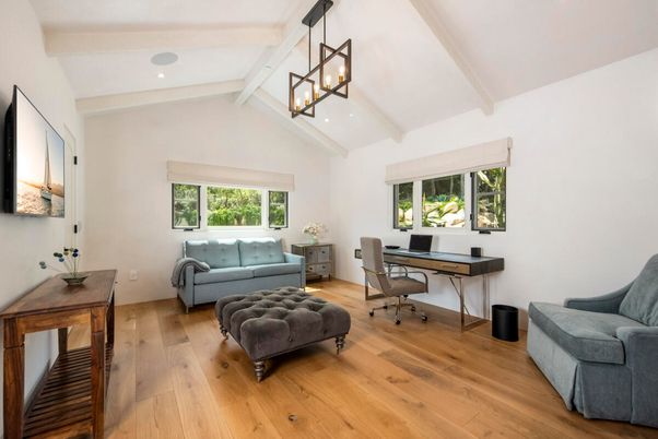 Home Office, Interior, Pendant Lights, Recessed Lighting, Wood Texture Flooring