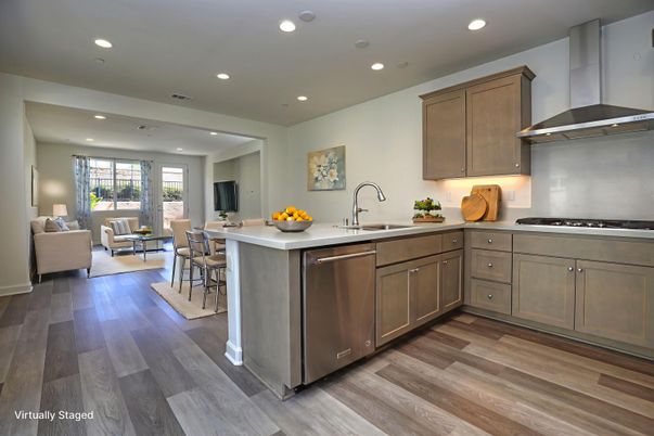 Dining room, Interior, Kitchen, Living room, Recessed Lighting, Stainless Steel Appliances, Wood Texture Flooring