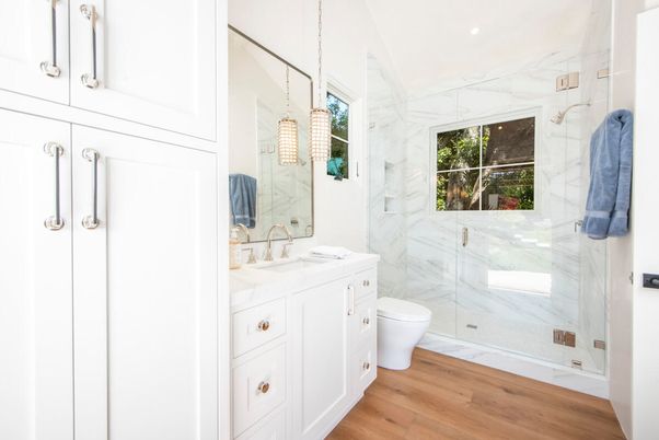 Bathroom, Glass Shower, Interior, Marble Walls, Recessed Lighting, Wood Texture Flooring