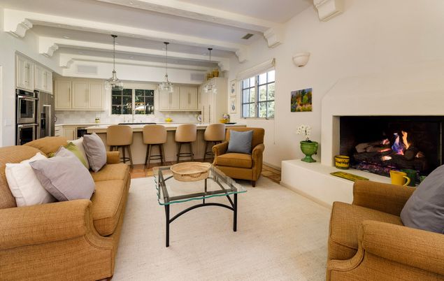 Fireplace, Interior, Kitchen, Living room, Pendant Lights, Stainless Steel Appliances