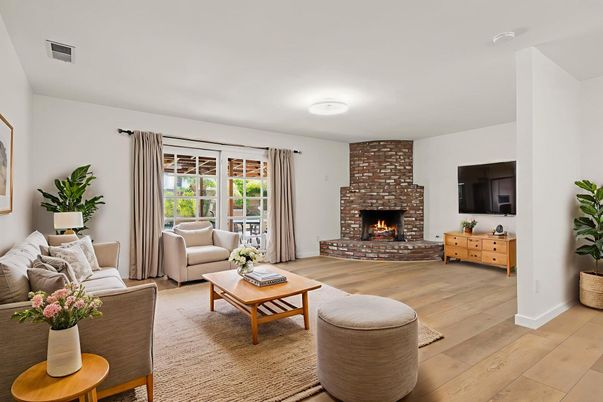 Fireplace, Interior, Living room, Stone Walls, Wood Texture Flooring