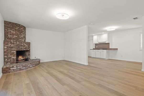 Empty room, Fireplace, Interior, Kitchen, Stone Walls, Wood Texture Flooring