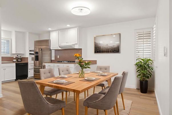 Dining room, Interior, Kitchen, Recessed Lighting, Stainless Steel Appliances, Wood Texture Flooring
