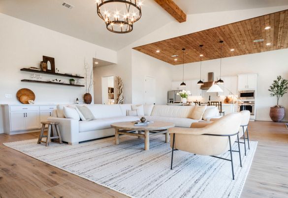 Chandelier, Interior, Kitchen, Living room, Pendant Lights, Recessed Lighting, Stainless Steel Appliances, Wooden Beams, Wooden Ceilings, Wood Texture Flooring