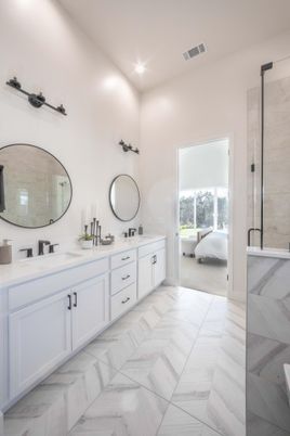Bathroom, Dual Sink Vanities, Glass Shower, Interior, Marble, Recessed Lighting