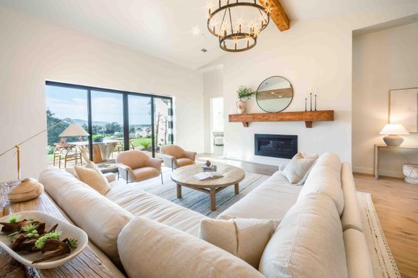 Chandelier, Fireplace, Interior, Living room, Wooden Beams, Wood Texture Flooring