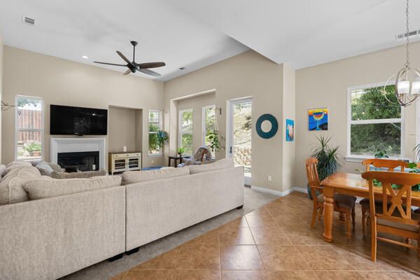 Dining room, Fireplace, Interior, Living room, Pendant Lights, Recessed Lighting