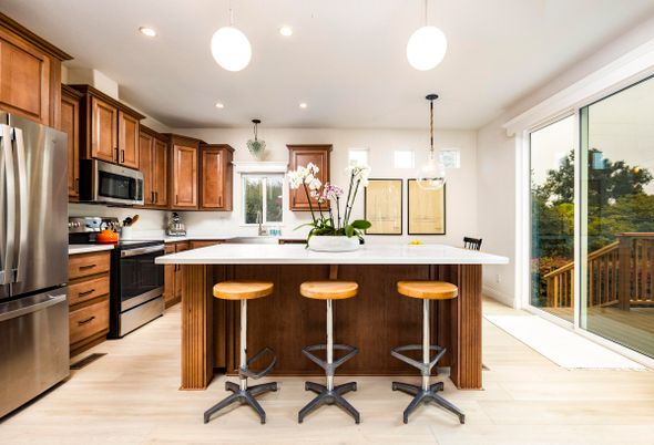 Interior, Kitchen, Pendant Lights, Recessed Lighting, Stainless Steel Appliances, Wood Texture Flooring