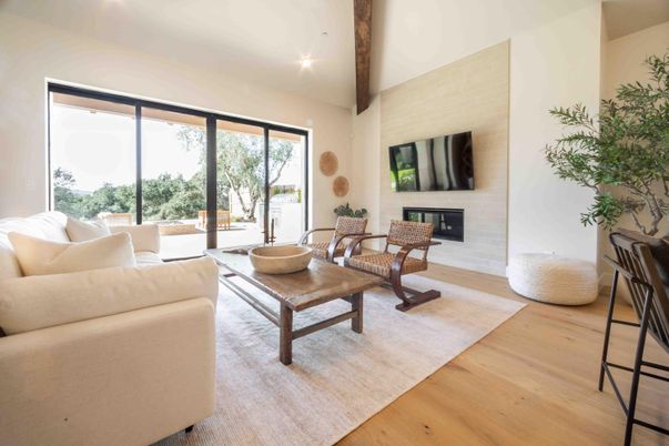 Fireplace, Interior, Living room, Recessed Lighting, Wood Texture Flooring