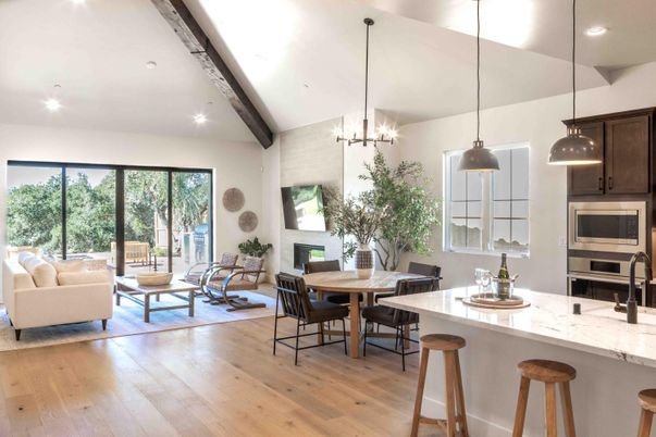 Dining room, Fireplace, Interior, Kitchen, Living room, Pendant Lights, Recessed Lighting, Stainless Steel Appliances, Wooden Beams, Wood Texture Flooring