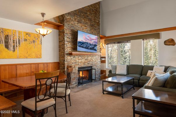 Dining room, Fireplace, Interior, Living room, Pendant Lights, Stone Walls