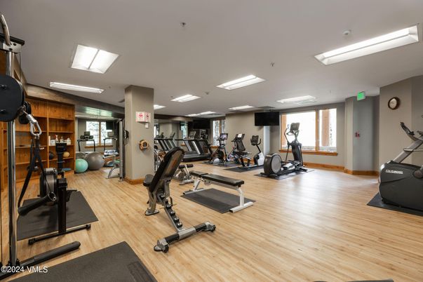Fitness Equipment, Gym, Interior, Recessed Lighting, Wood Texture Flooring