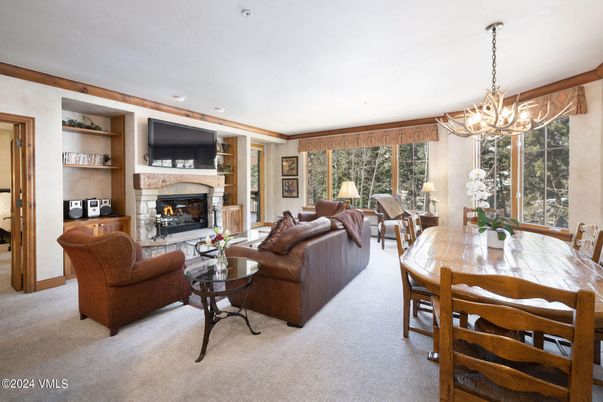 Chandelier, Dining room, Fireplace, Interior, Living room, Recessed Lighting