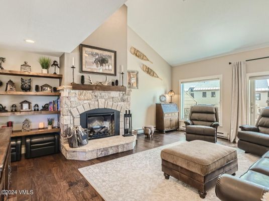 Fireplace, Interior, Living room, Recessed Lighting, Wood Texture Flooring