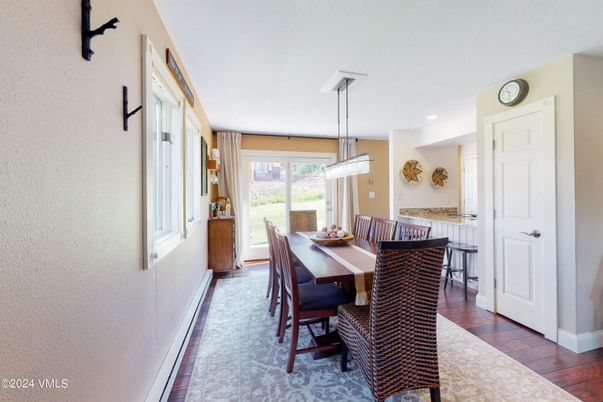 Dining room, Interior, Pendant Lights, Recessed Lighting, Wood Texture Flooring
