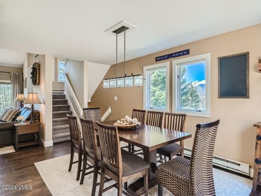 Dining room, Interior, Pendant Lights, Wood Texture Flooring