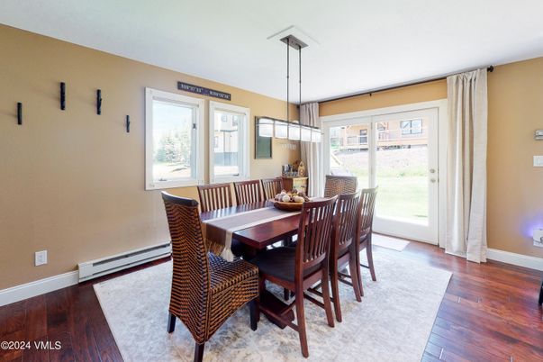 Dining room, Interior, Pendant Lights, Wood Texture Flooring