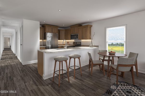 Dining room, Interior, Kitchen, Recessed Lighting, Stainless Steel Appliances, Wood Texture Flooring