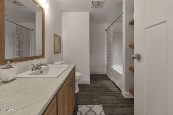 Bathroom, Dual Sink Vanities, Interior, Wood Texture Flooring
