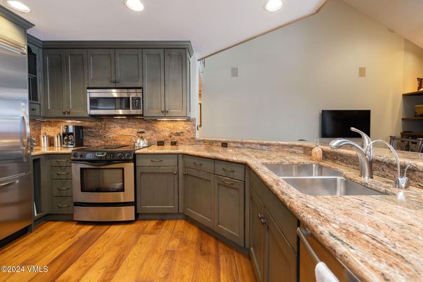 Interior, Kitchen, Recessed Lighting, Stainless Steel Appliances, Wood Texture Flooring