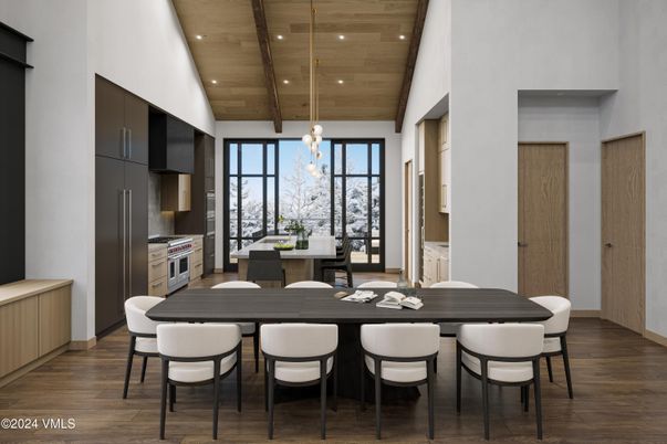 Dining room, Interior, Kitchen, Pendant Lights, Recessed Lighting, Stainless Steel Appliances, Wooden Beams, Wooden Ceilings, Wood Texture Flooring