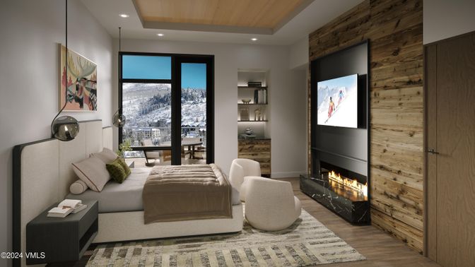 Bedroom, Fireplace, Interior, Recessed Lighting, Wood Texture Flooring, Wooden Walls