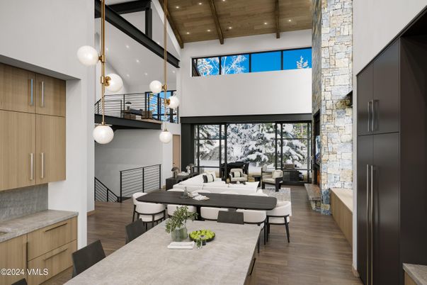 Dining room, Interior, Pendant Lights, Recessed Lighting, Stone Walls, Wooden Beams, Wooden Ceilings, Wood Texture Flooring