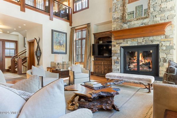 Fireplace, Interior, Living room, Recessed Lighting, Stone Walls, Wood Texture Flooring