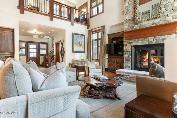 Fireplace, Interior, Living room, Recessed Lighting, Stone Walls