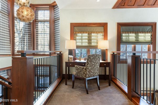 Chandelier, Home Office, Interior, Recessed Lighting, Wooden Beams