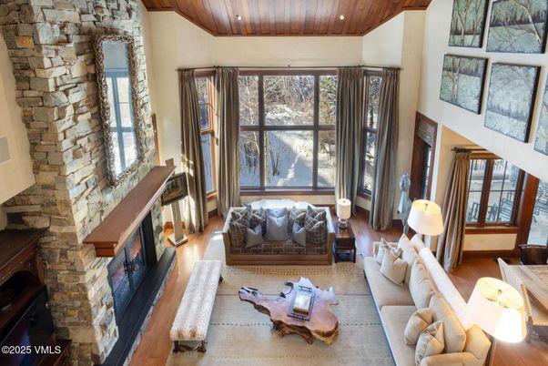 Fireplace, Interior, Living room, Recessed Lighting, Stone Walls, Wooden Ceilings, Wood Texture Flooring